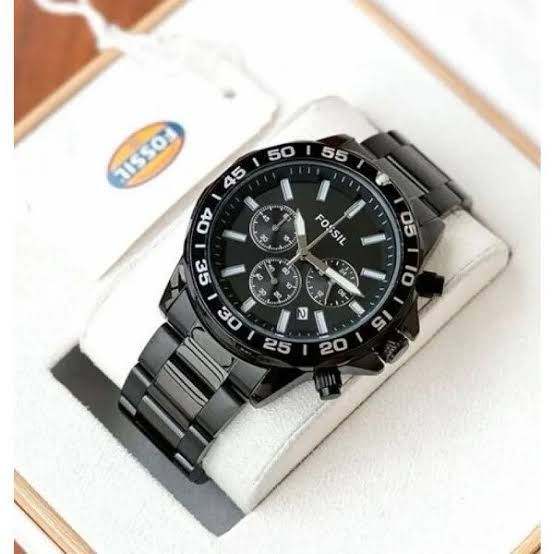 Fossil black satin dial, chronograph movement and full black metal strap