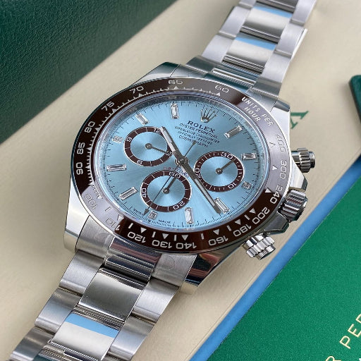 Rolex cosomograph Daytona platinum ice blue dial with Brown CERACHROM BEZEL