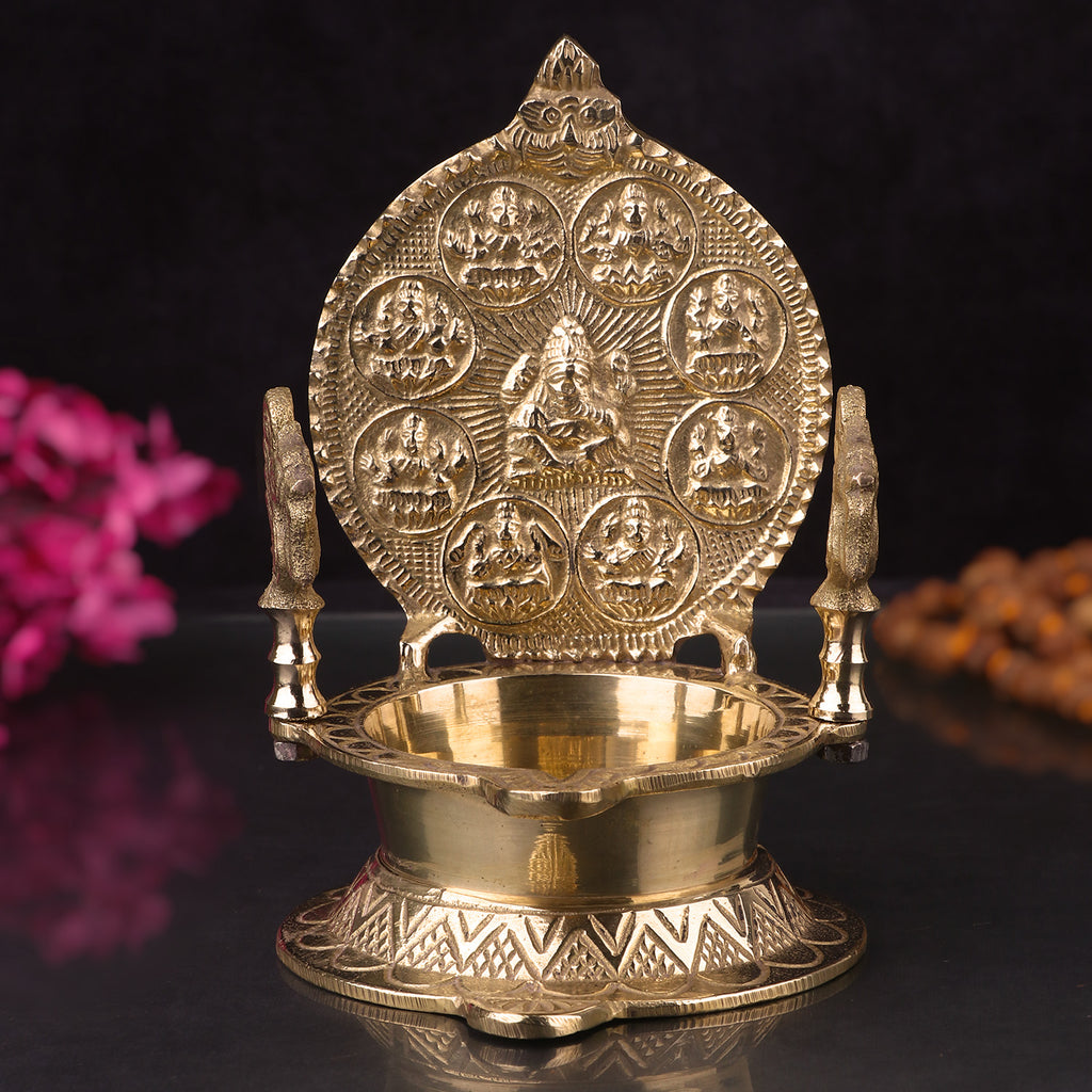 Engraved Pure Brass Ashtalaxmi Diya
