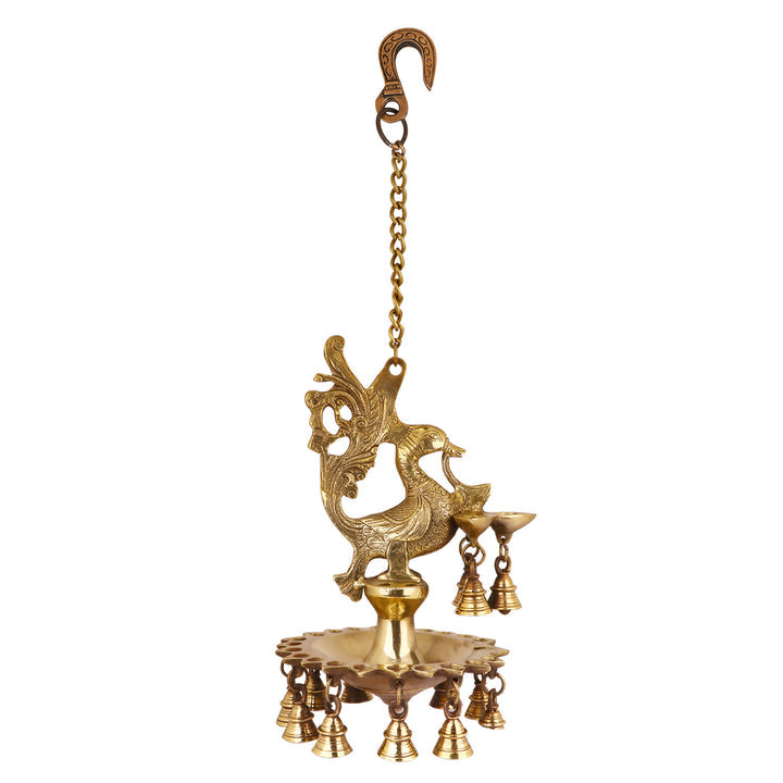 Pure Brass Peacock Diya Hanging with Bells