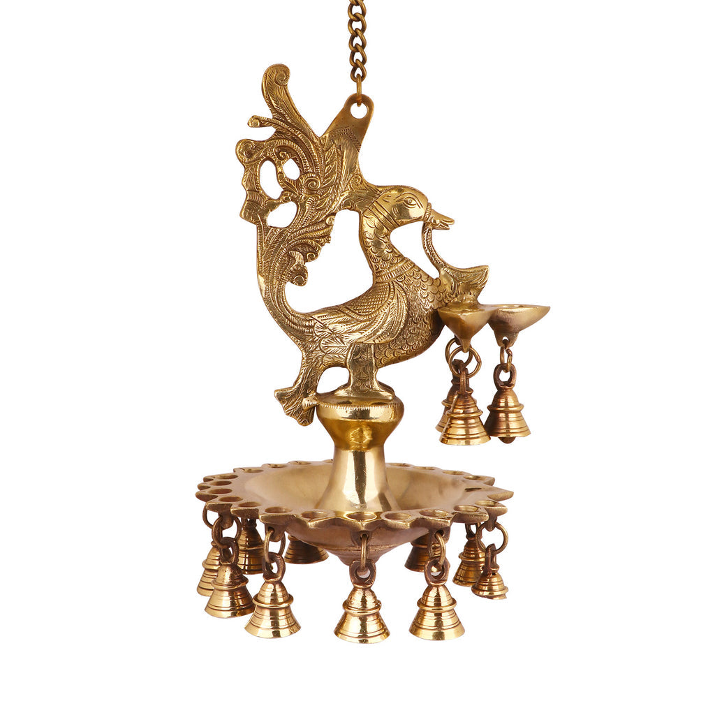 Pure Brass Peacock Diya Hanging with Bells