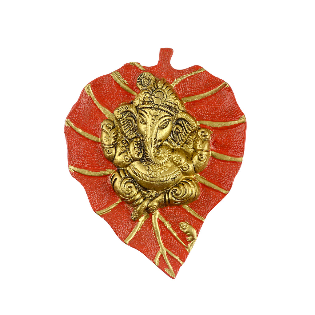 Lord Ganesh on Leaf Patta Wall Hanging Red