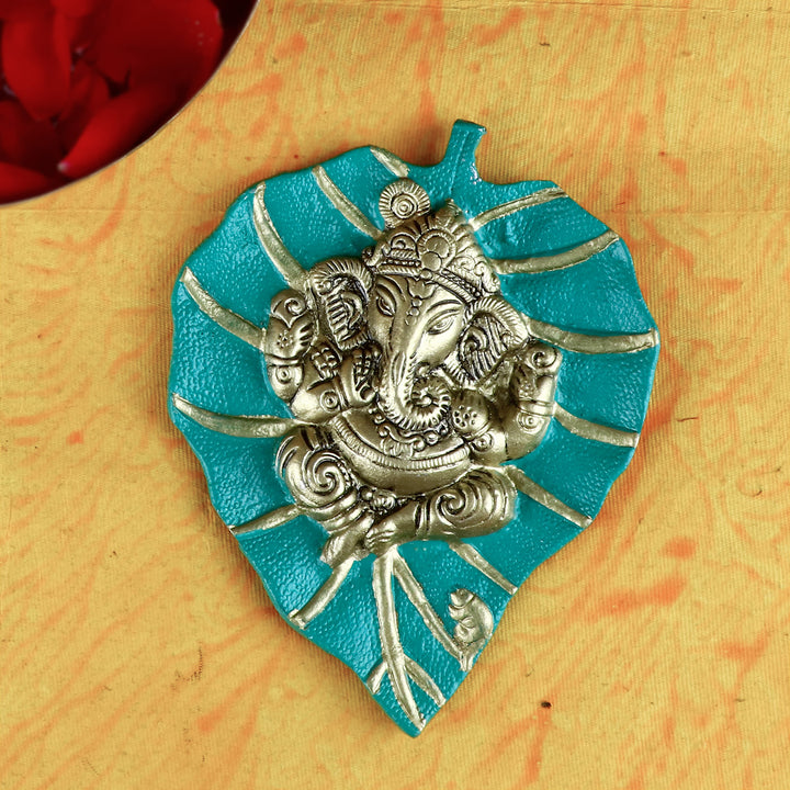 Lord Ganesh on Leaf Patta Wall Hanging Red