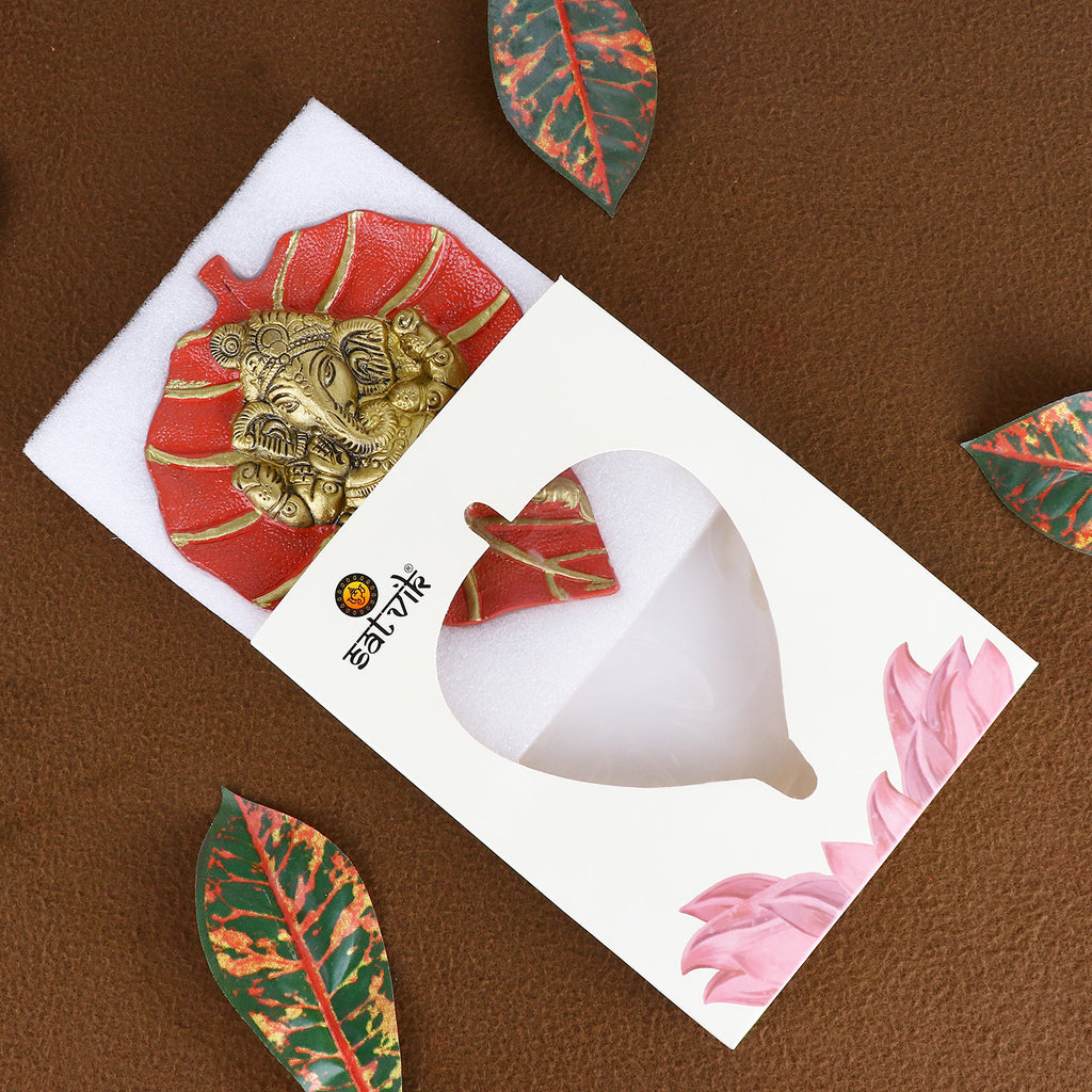 Lord Ganesh on Leaf Patta Wall Hanging Red