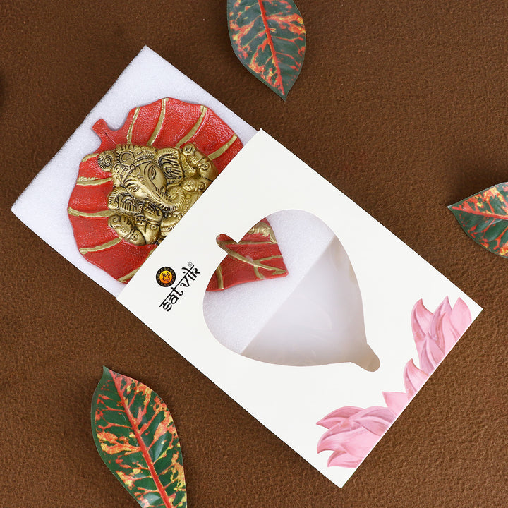 Lord Ganesh on Leaf Patta Wall Hanging Red