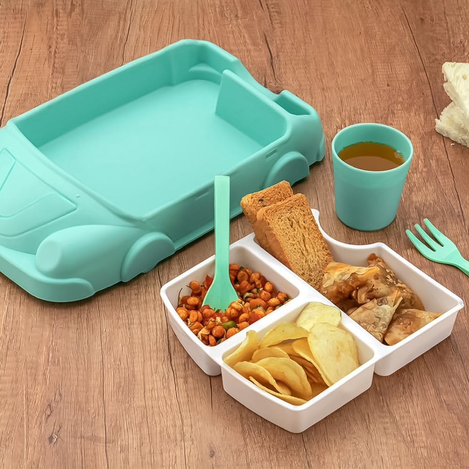 Kids Car Shaped Plates Cup Lunch Box Dinnerware Set (4 Pcs Set 1000 Ml Lunch Box) - Springkart 
