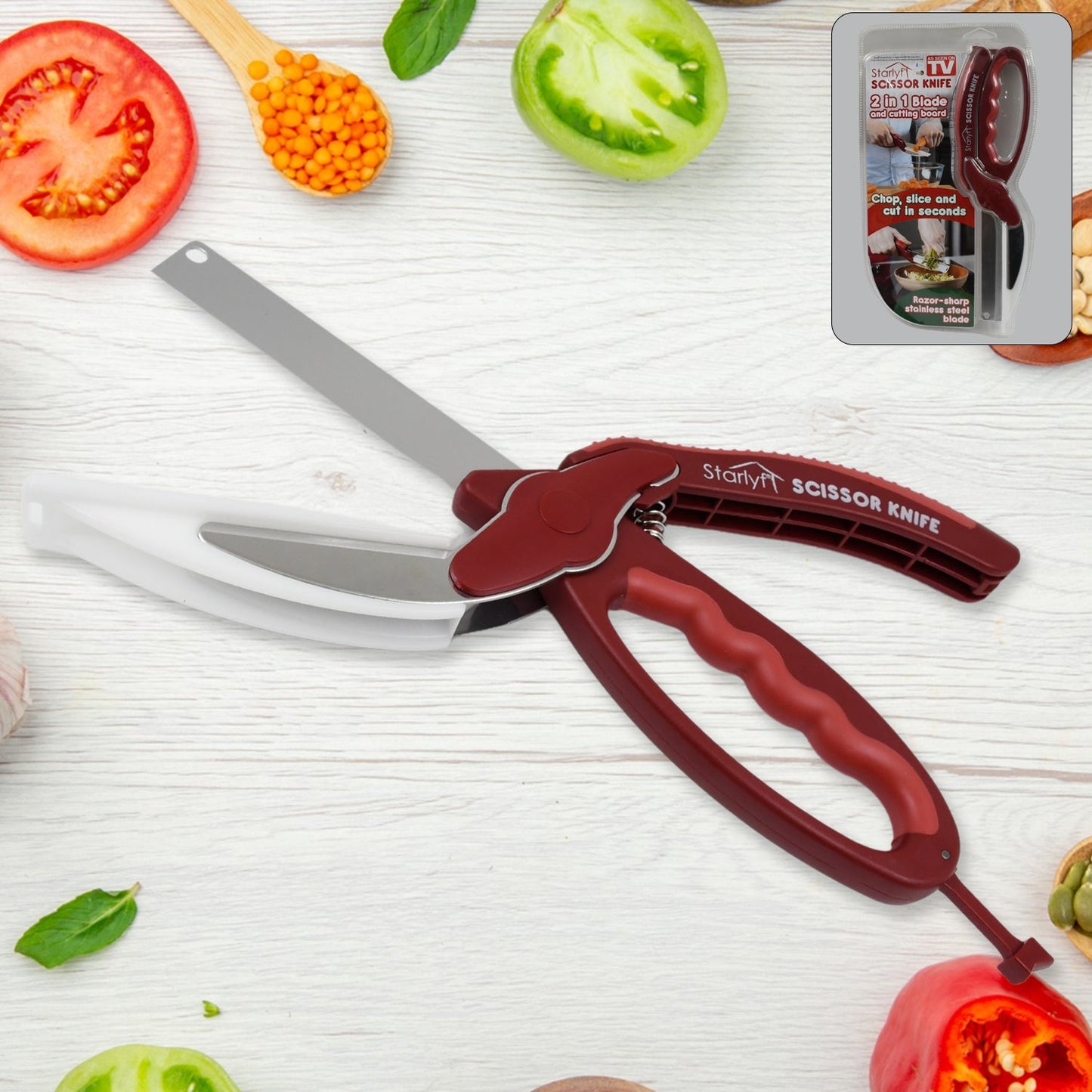 2 In 1 Kitchen Knife Scissor With Spring Locking Hinge And Chopping Board (1 Pc With Card Packing) - Springkart 