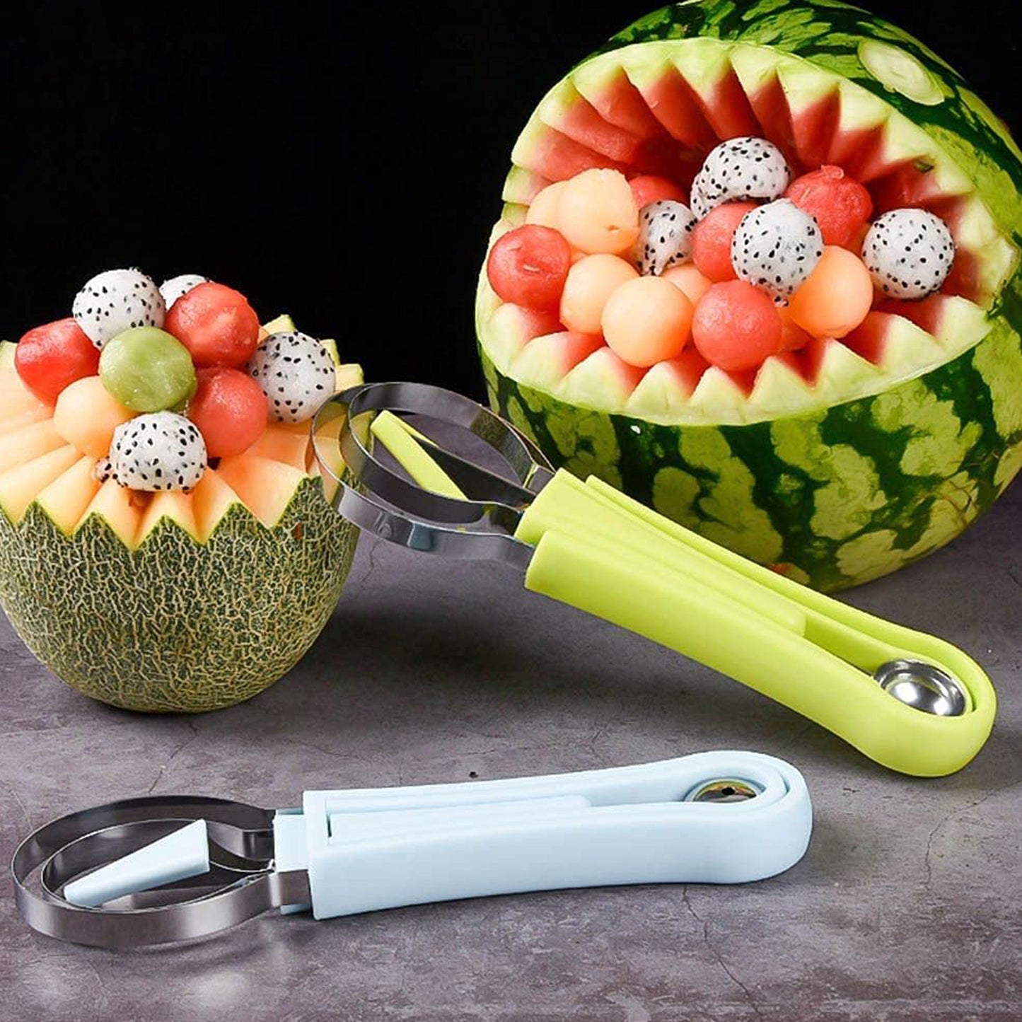 2606 4 In 1 Stainless Steel Melon Baller Seed Remover Sorbet Dessert Ball Spoon Fruit Digging Spoon Double Sided Fruit Scooper Watermelon Baller Scoop - Springkart 