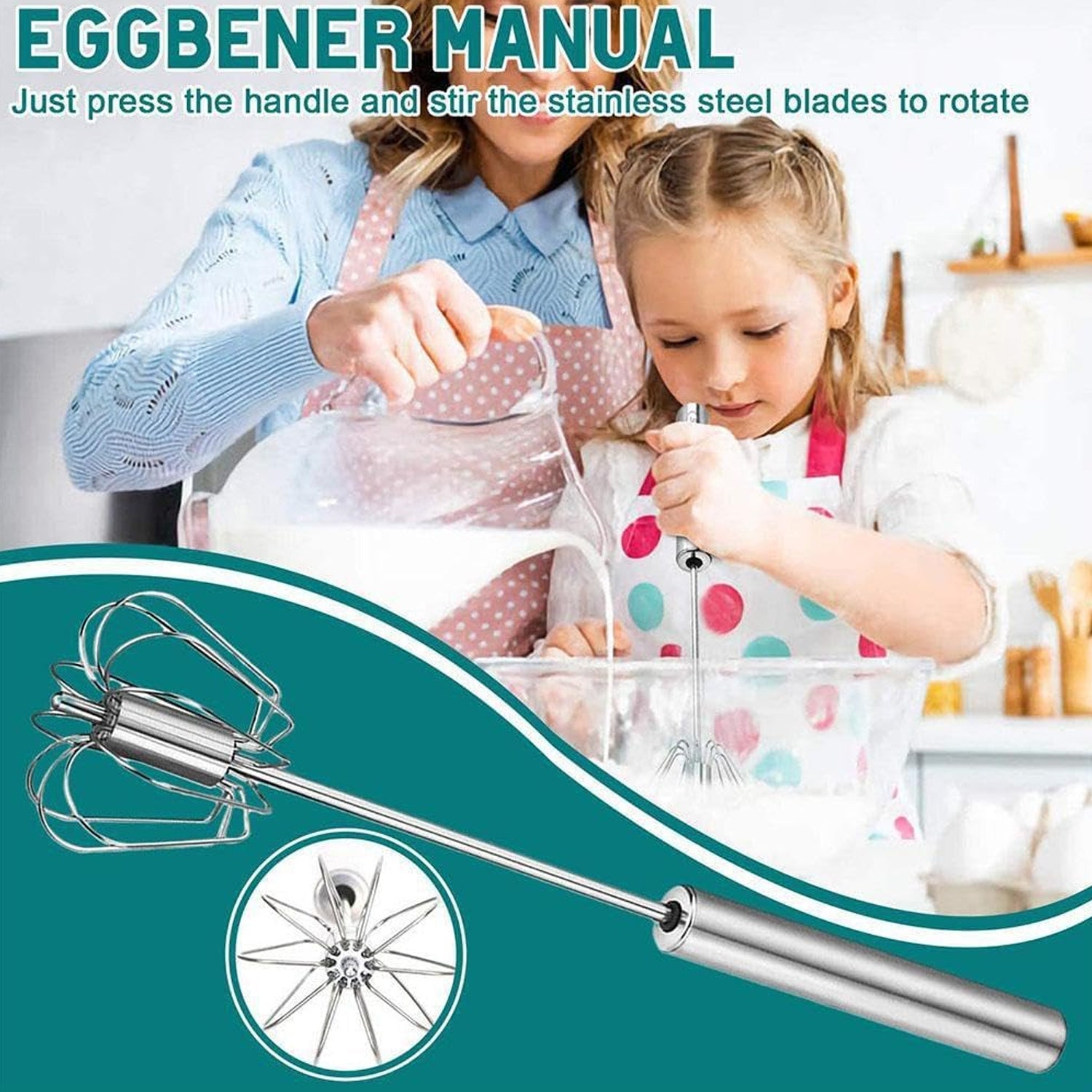Big Stainless Steel Egg Whisk Hand Push Rotary Whisk Blender (1 Pc 35 Cm) - Springkart 