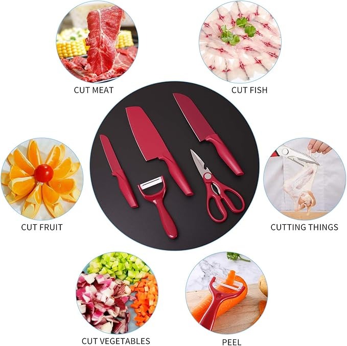 5-Piece Premium Red Kitchen Knife Set with Scissors and Peeler – Non-Stick Stainless Steel Blades and Ergonomic Handles for Home & Professional Use