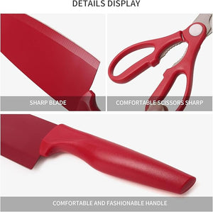5-Piece Premium Red Kitchen Knife Set with Scissors and Peeler – Non-Stick Stainless Steel Blades and Ergonomic Handles for Home & Professional Use