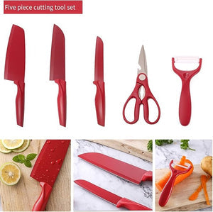 5-Piece Premium Red Kitchen Knife Set with Scissors and Peeler – Non-Stick Stainless Steel Blades and Ergonomic Handles for Home & Professional Use