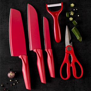 5-Piece Premium Red Kitchen Knife Set with Scissors and Peeler – Non-Stick Stainless Steel Blades and Ergonomic Handles for Home & Professional Use