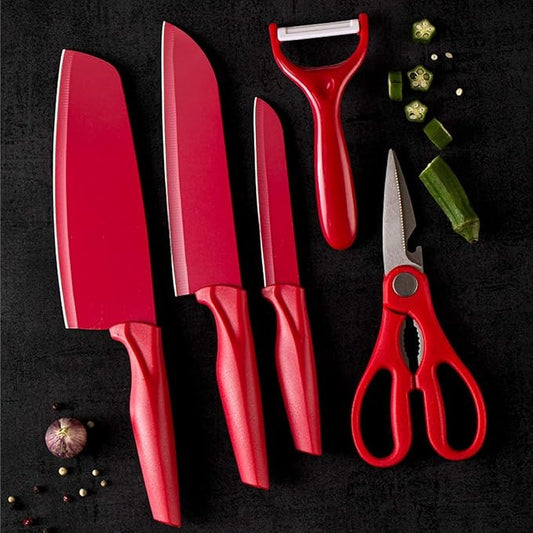 5-Piece Premium Red Kitchen Knife Set with Scissors and Peeler – Non-Stick Stainless Steel Blades and Ergonomic Handles for Home & Professional Use