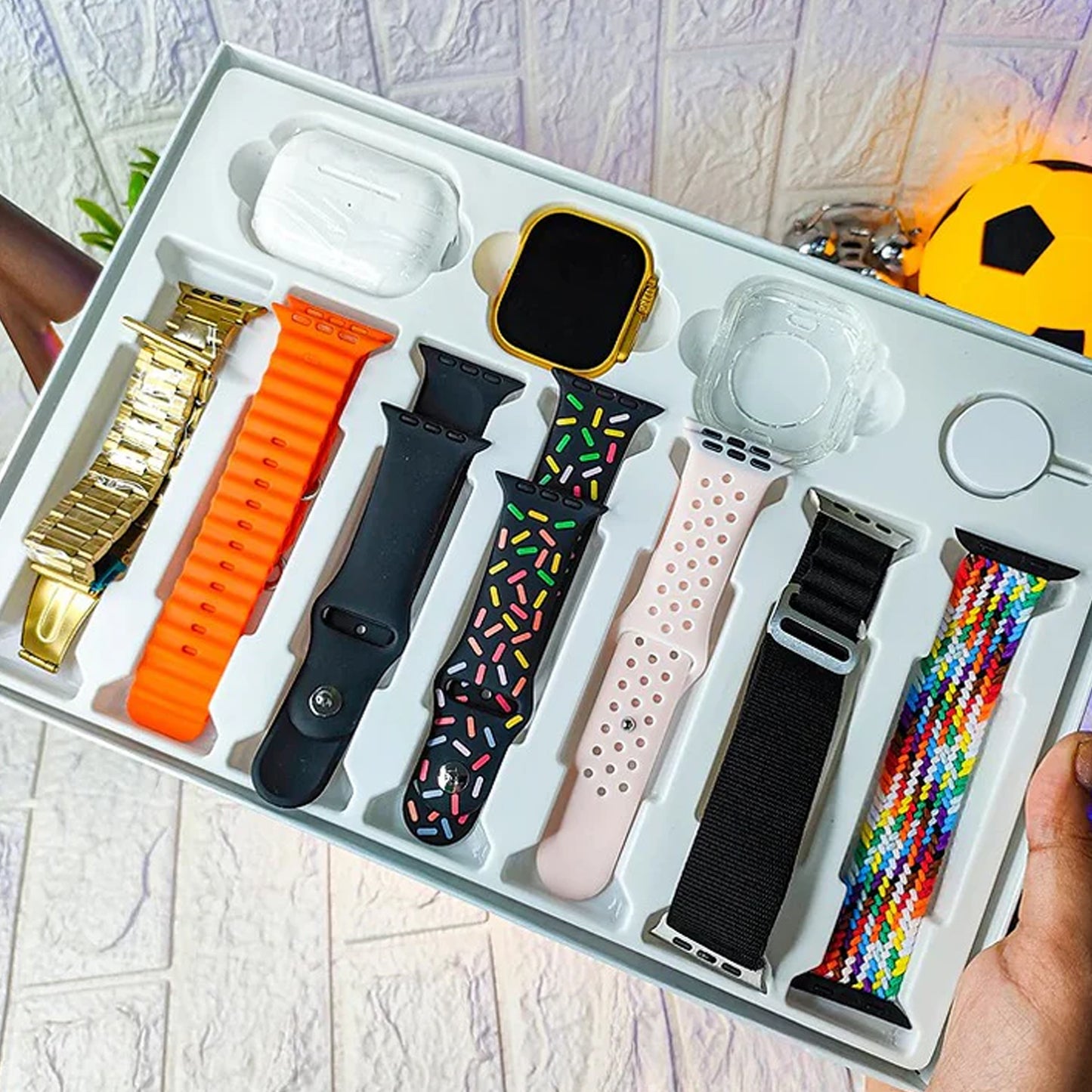 10 In1 Set Ultra Smart Bluetooth Calling Smartwatch + Earphones With Transparent Screen Guard Watch With Seven Classic Straps (Mix Color) - Springkart 