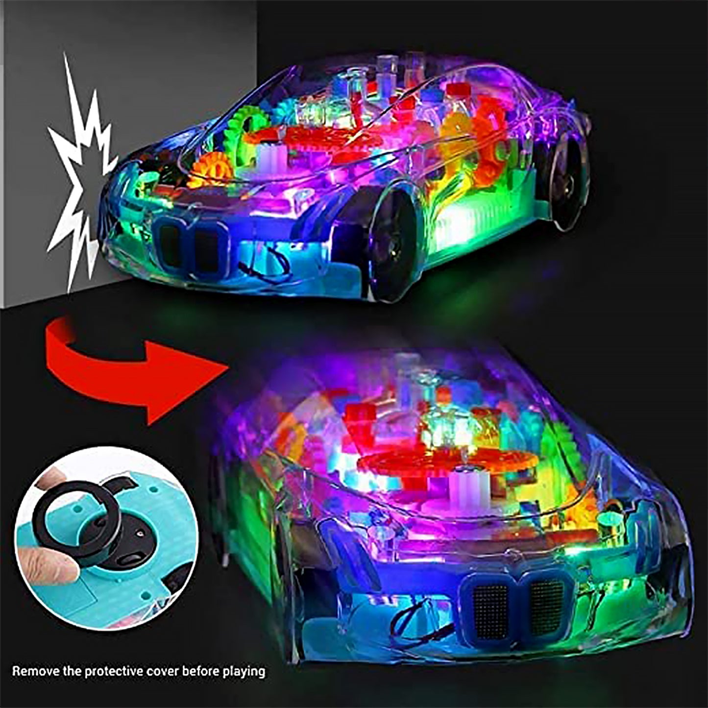 17793 Automatic 360 Degree Rotating Transparent Gear Concept Car With Musical And 3d Flashing Lights Toy For Kids Boys Girls (Multicolor Battery Not Included) - Springkart 