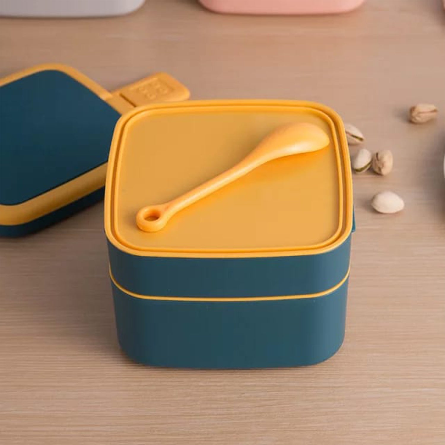 2868 Blue Double-layer Portable Lunch Box Stackable With Carrying Handle And Spoon Lunch Box - Springkart 