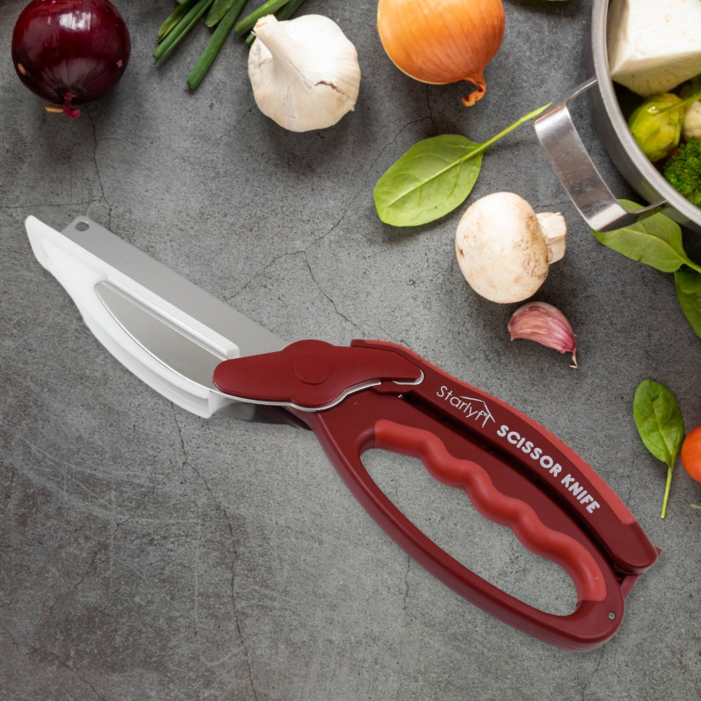 2 In 1 Kitchen Knife Scissor With Spring Locking Hinge And Chopping Board (1 Pc With Card Packing) - Springkart 