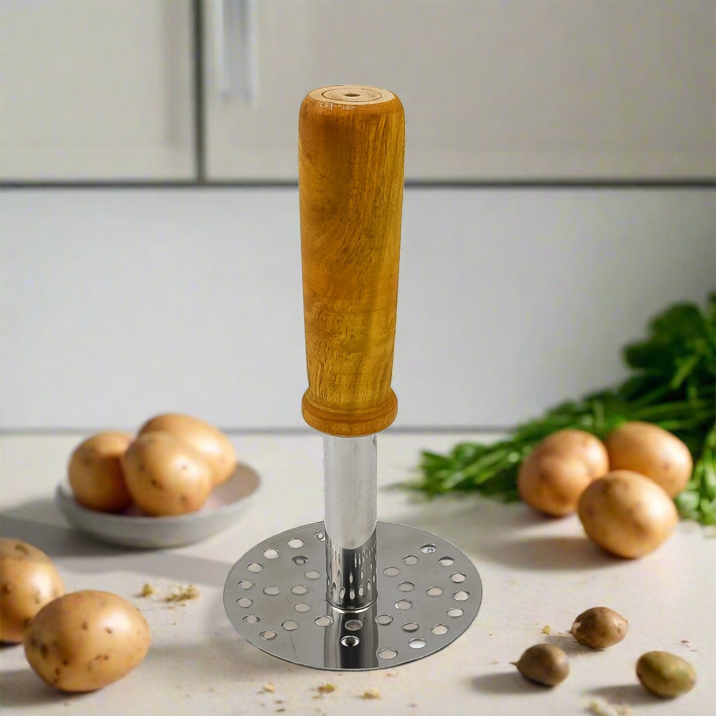 High Grade Stainless Steel Potato Masher Paubhaji Pav Bhaji Masher With Wooden Handle (1 Pc) - Springkart 