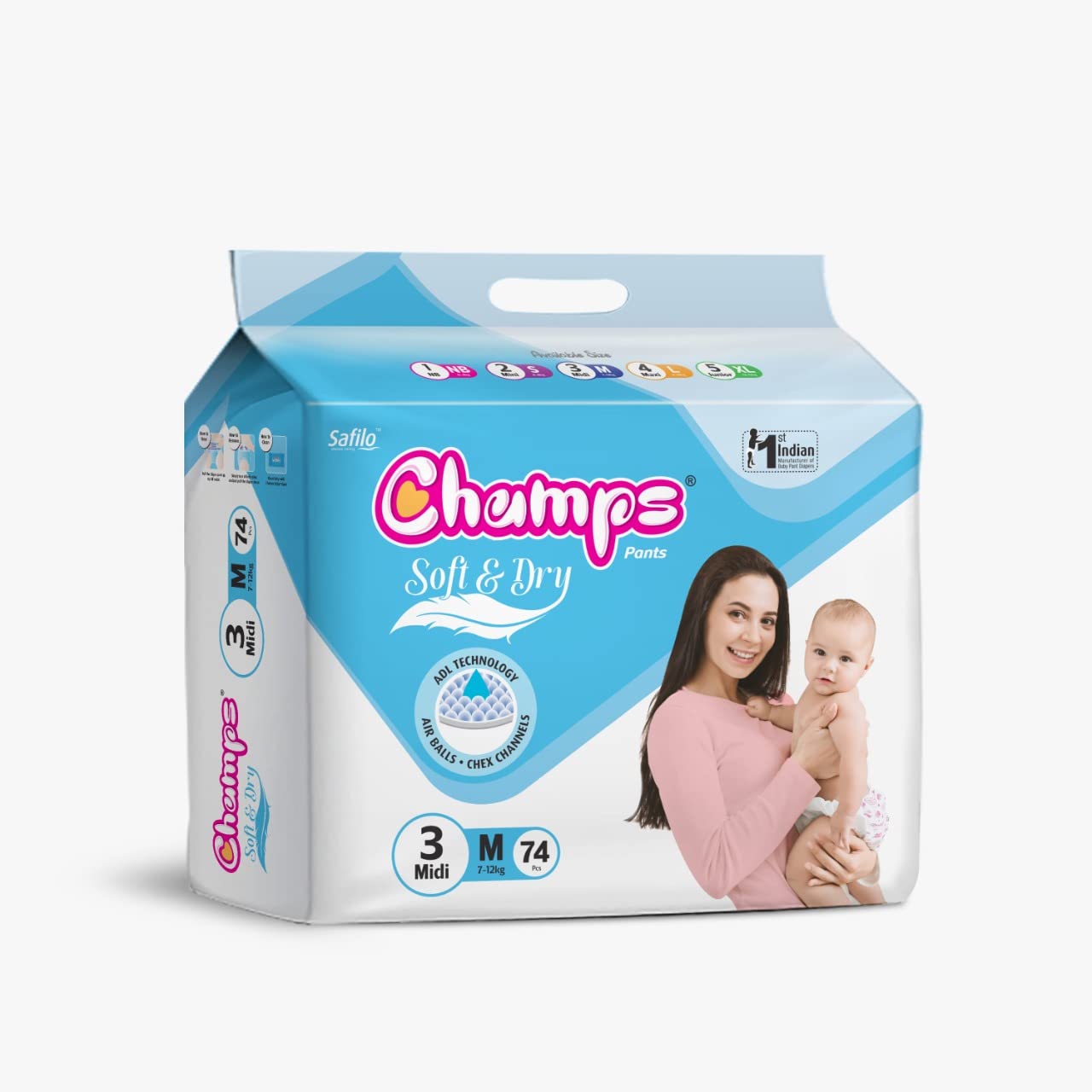 Champs Soft and Dry Baby Diaper Pants 74 Pcs (Medium Size M74) - Springkart 
