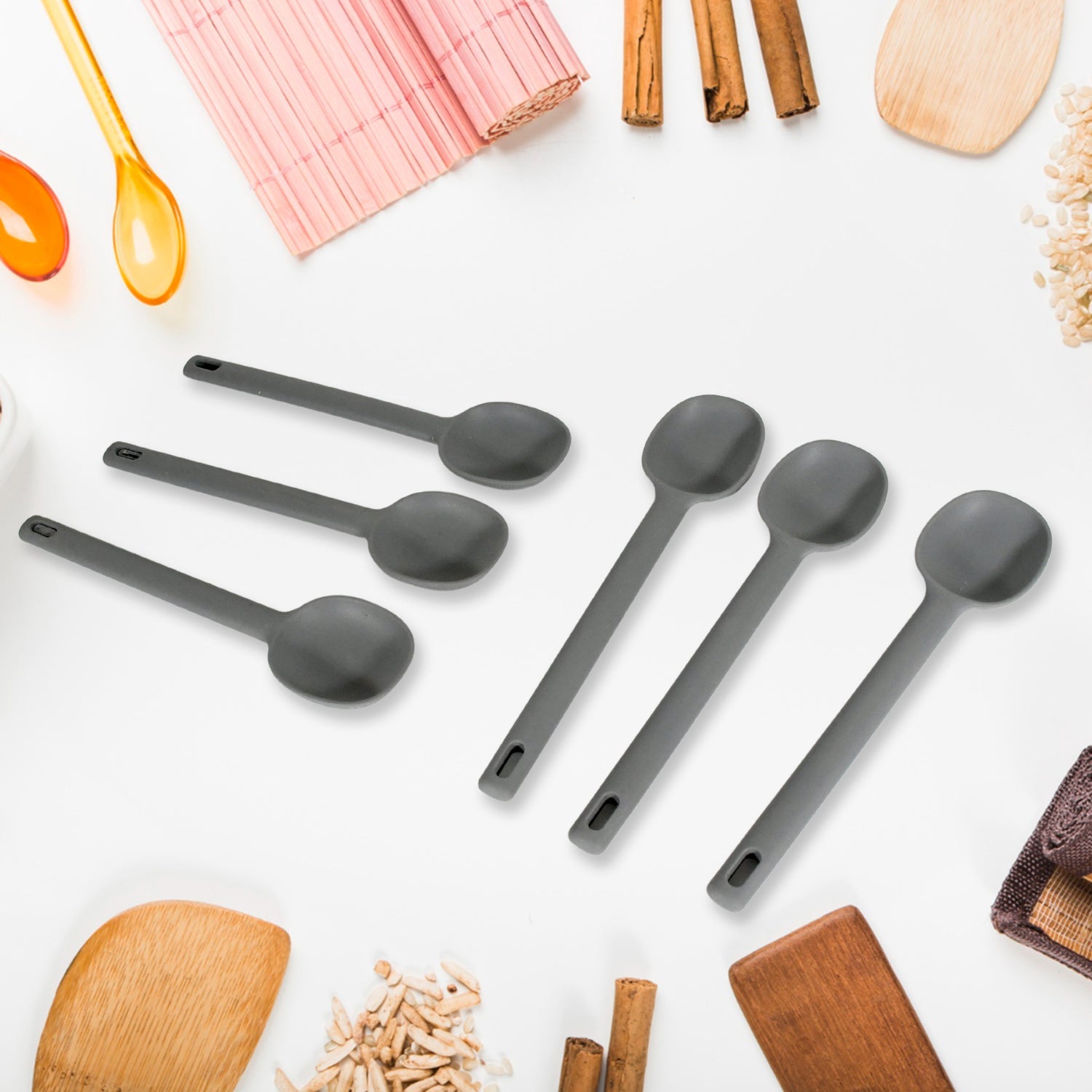 Multipurpose Silicone Spoon, Silicone Basting Spoon Non-Stick Kitchen Utensils Household Gadgets Heat-Resistant Non Stick Spoons Kitchen Cookware Items For Cooking and Baking (6 Pcs Set) - Springkart 