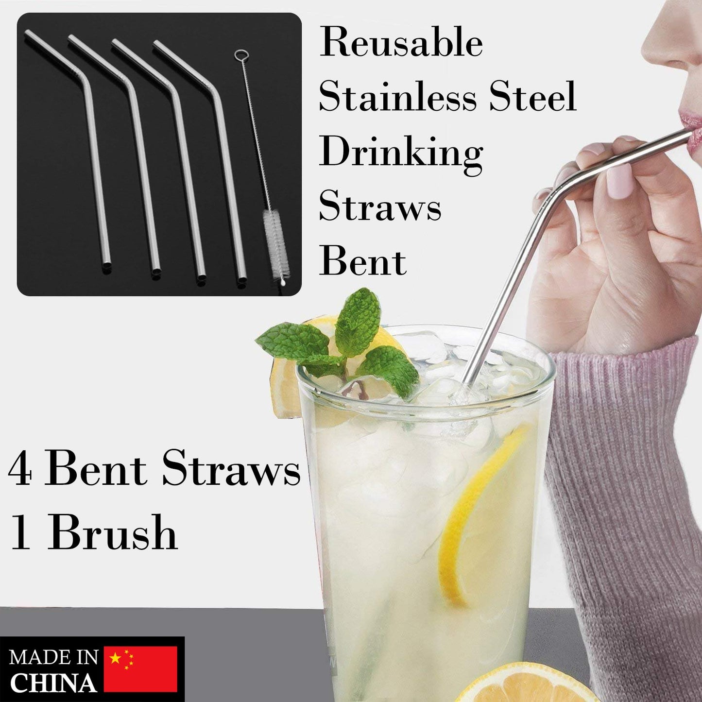 1733 Reusable Stainless Steel Drinking Straws Bent (4 Bent Straws 1 Brush) - Springkart 