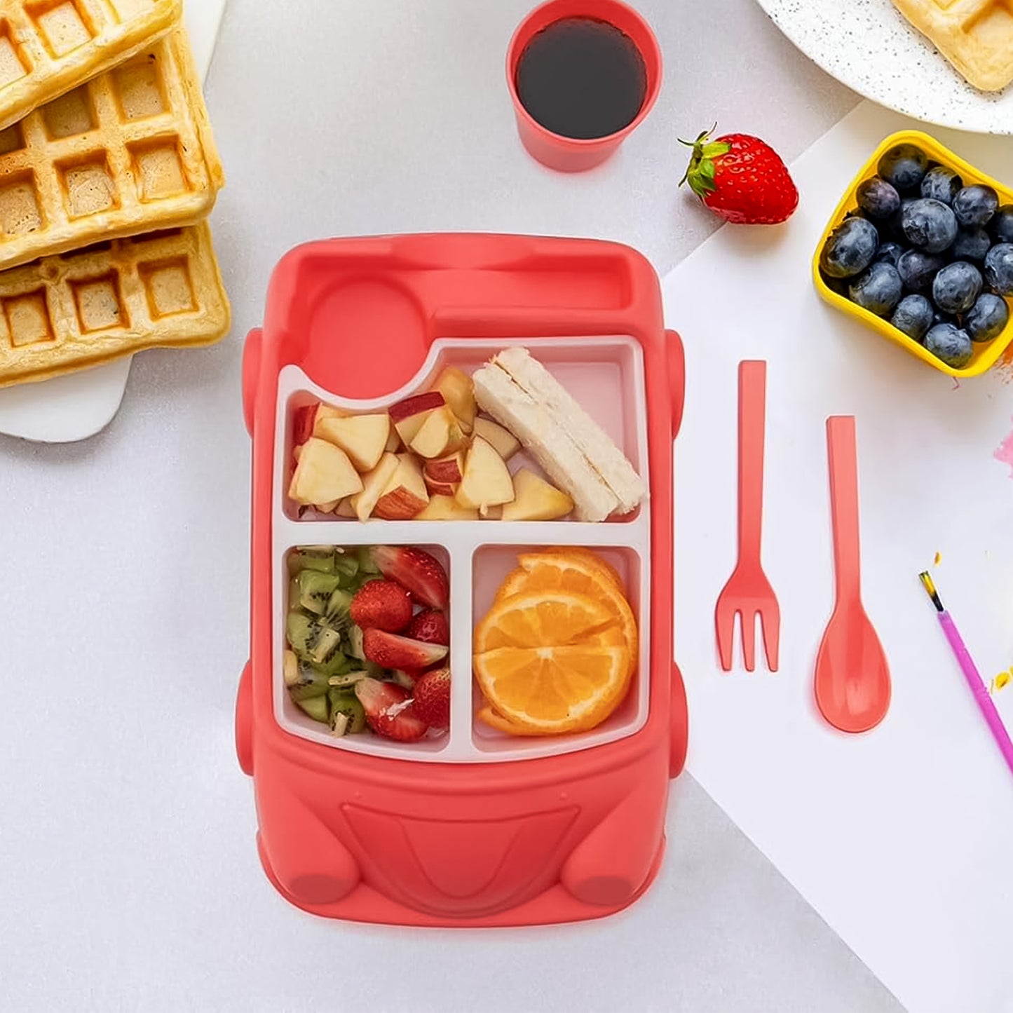 Kids Car Shaped Plates Cup Lunch Box Dinnerware Set (4 Pcs Set 1000 Ml Lunch Box) - Springkart 