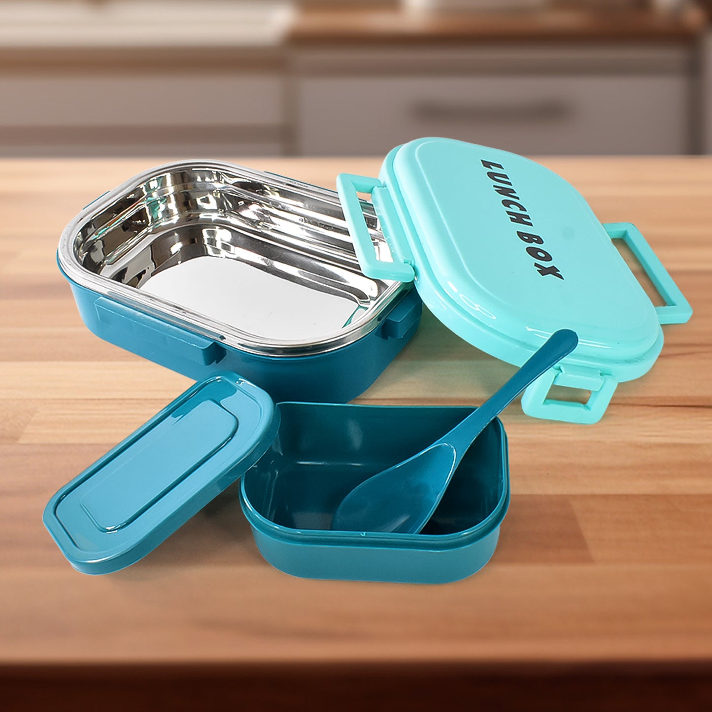 3 In 1 Spicy Bite Stainless Steel Lunch Box With Plastic Small Box Spoon (1 Set) - Springkart 