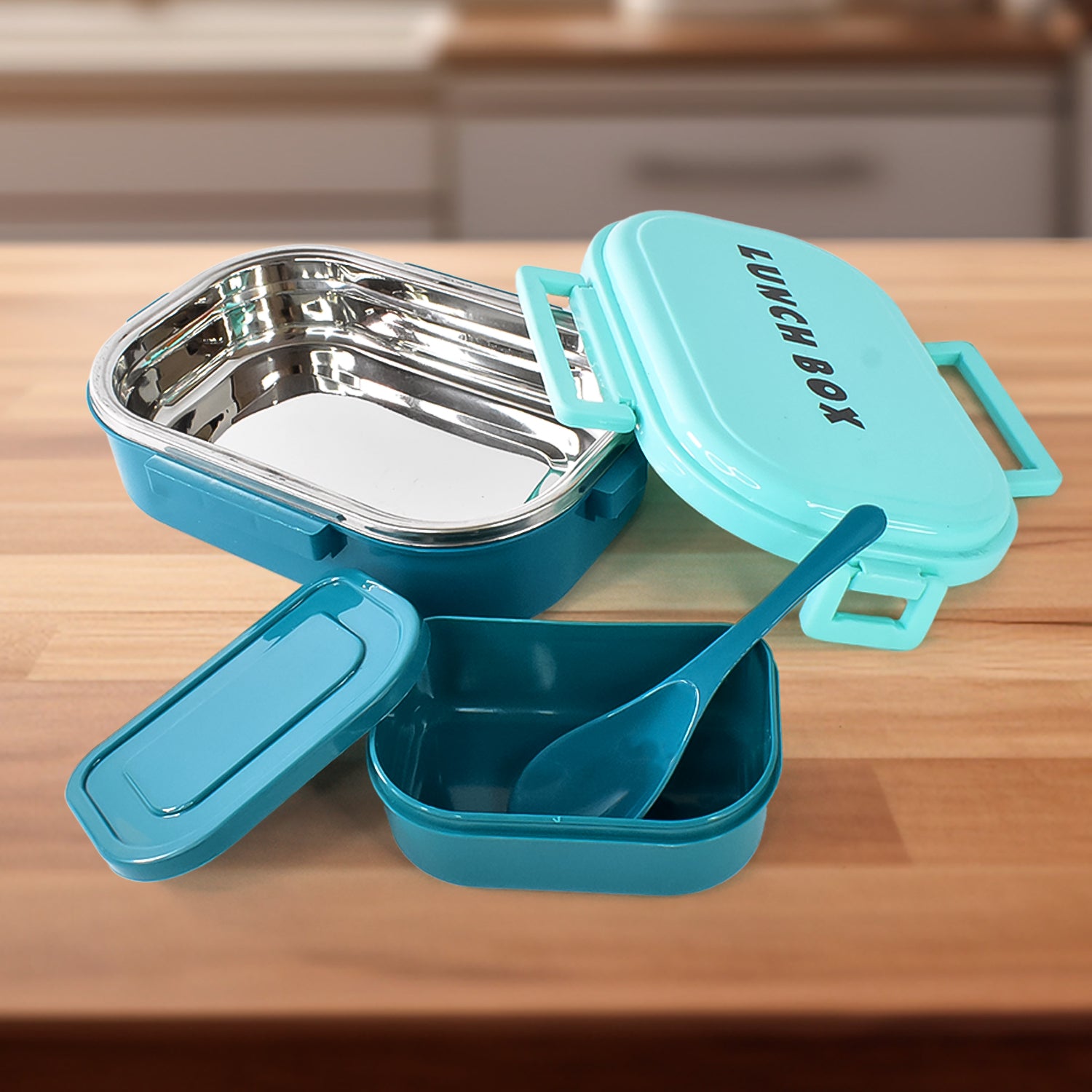 3 In 1 Spicy Bite Stainless Steel Lunch Box With Plastic Small Box Spoon (1 Set) - Springkart 