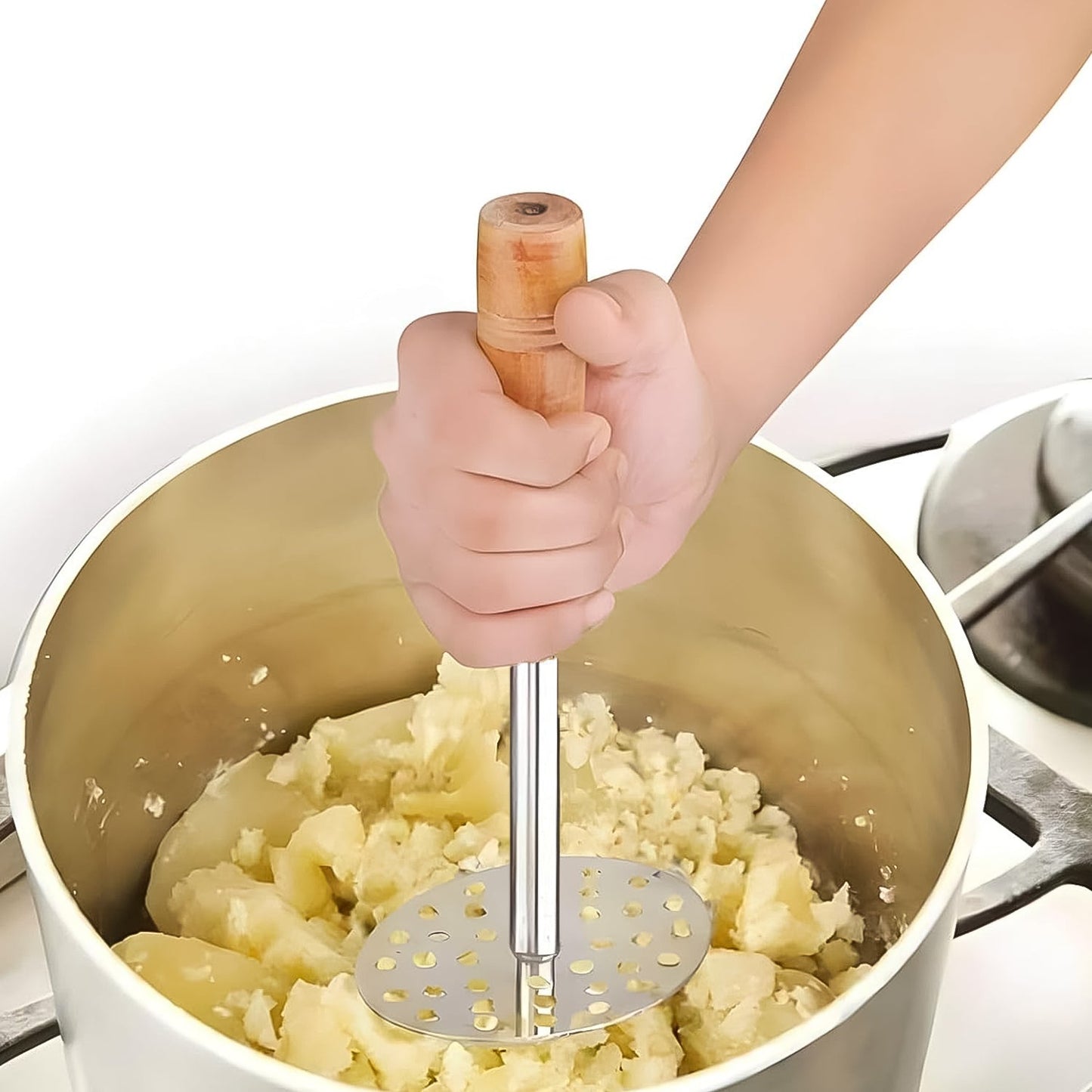 High Grade Stainless Steel Potato Masher Paubhaji Pav Bhaji Masher With Wooden Handle (1 Pc) - Springkart 