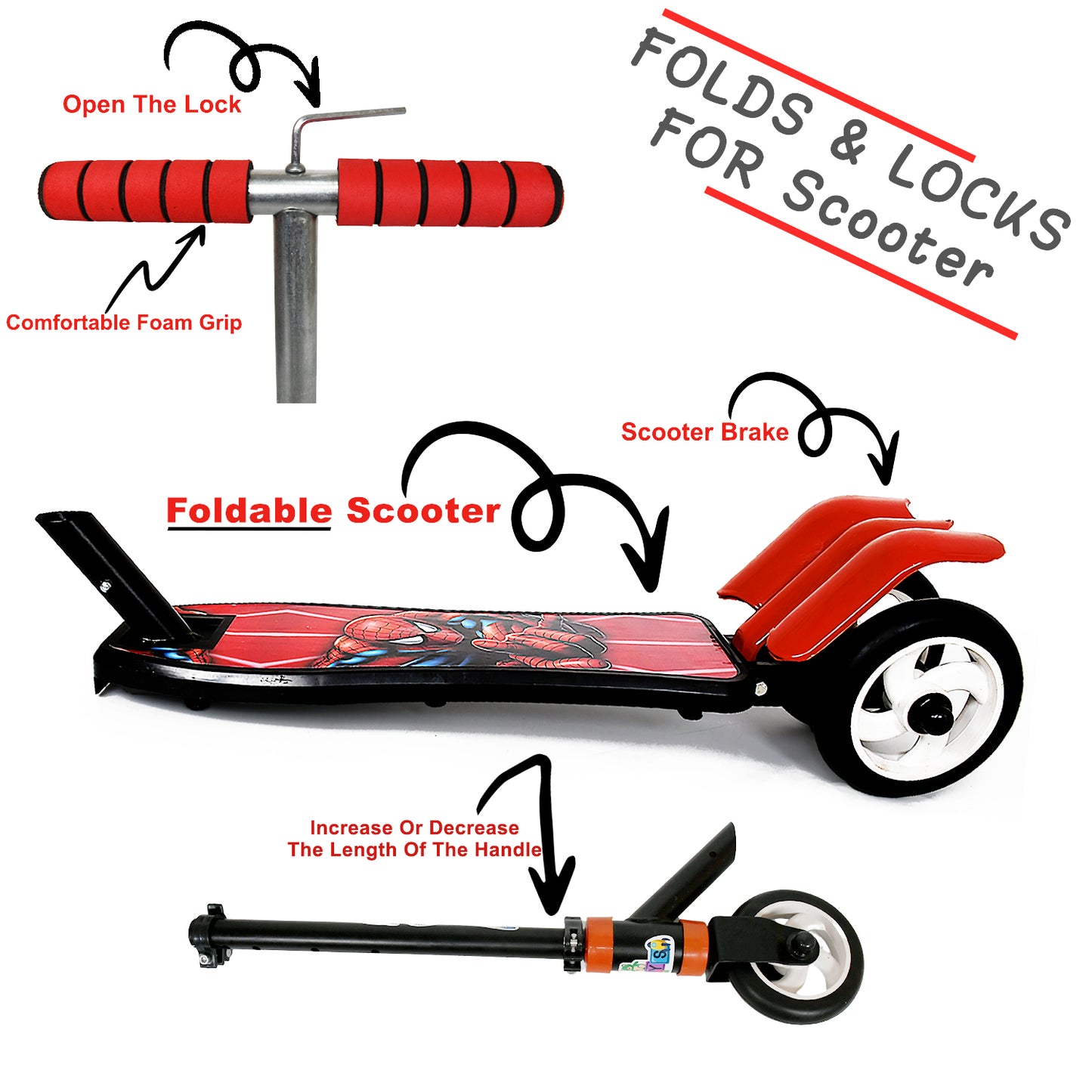 Basic Kids Ride On Leg Push Scooter For Boys And Girls (4 - 8 Years Old Kids) Foldable Scooter Cycle With Height Adjustment For Boys And Girls Multicolor (1 Pc 3 Wheel) - Springkart 