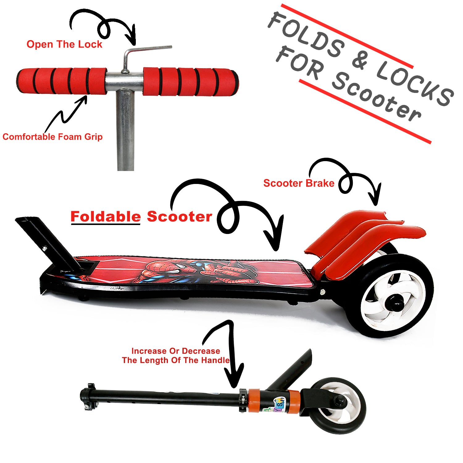 Basic Kids Ride On Leg Push Scooter For Boys And Girls (4 - 8 Years Old Kids) Foldable Scooter Cycle With Height Adjustment For Boys And Girls Multicolor (1 Pc 3 Wheel) - Springkart 