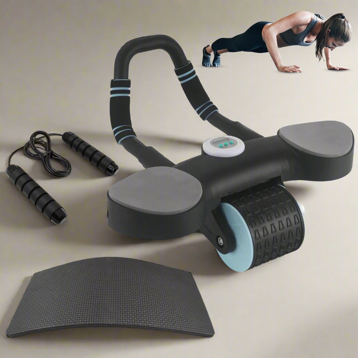 Abdominal Wheel Roller Widened Elbow Support Roller With Timer Skipping Rope (1 Set) - Springkart 