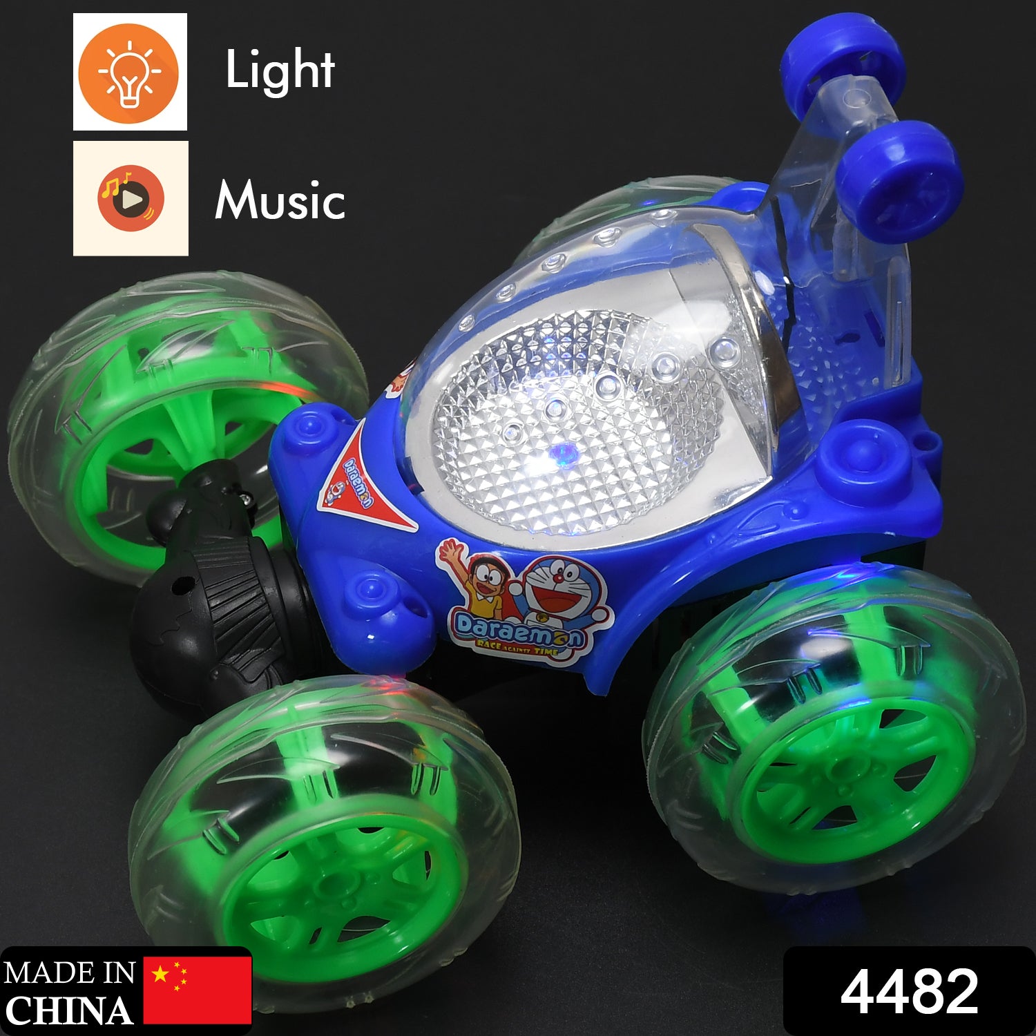 4482 Rechargeable 360 Degree Stunt Rolling Remote Control Car With Colourful 3d Lights And Music For Kids - Springkart 