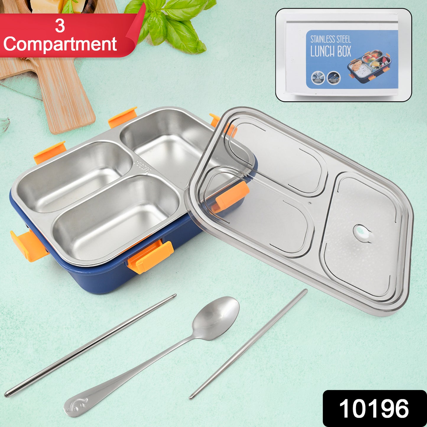 3 Compartment Transparent Stainless Steel Lunch Box With A Spoon And A Pair Of Chopsticks (1 Set) - Springkart 