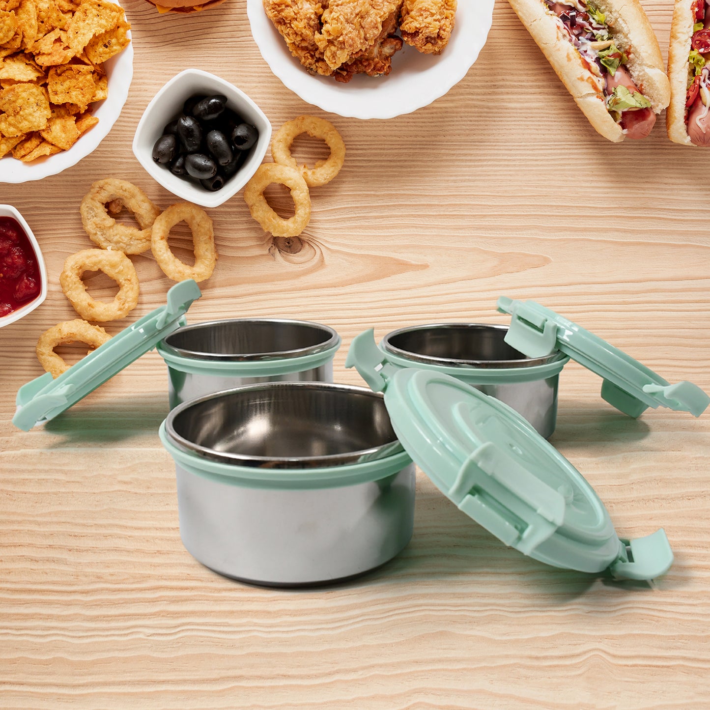 8717 4in1tiffin Box-lunch Box 3 Stainless Steel Containers 300 Ml Approx Plastic Salad Container 200 Ml Approx Plastic Lid Box Round Zip Bag Leak Proof Microwave Safefor Office College And School For Men Women - Springkart 