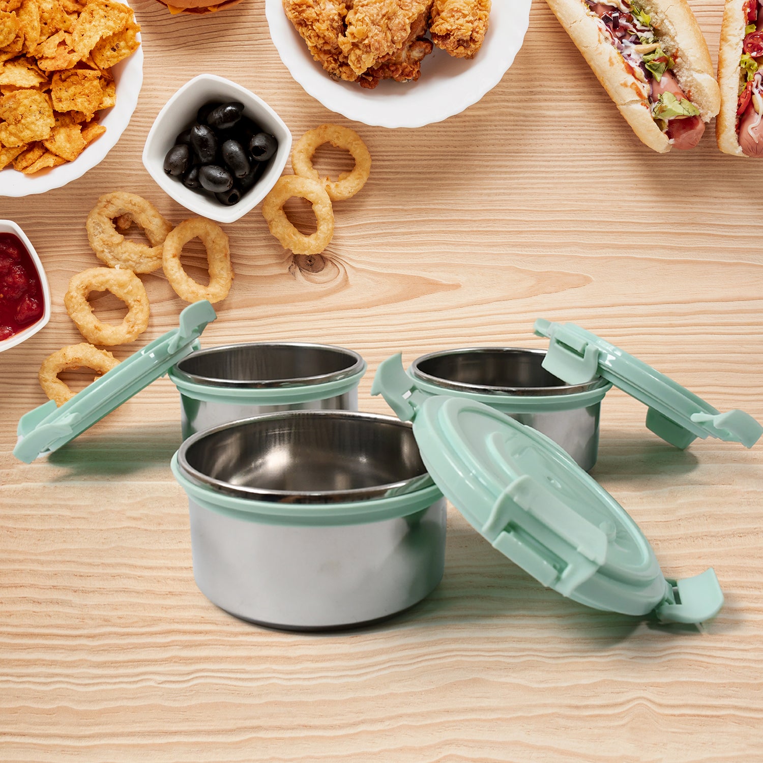 8717 4in1tiffin Box-lunch Box 3 Stainless Steel Containers 300 Ml Approx Plastic Salad Container 200 Ml Approx Plastic Lid Box Round Zip Bag Leak Proof Microwave Safefor Office College And School For Men Women - Springkart 