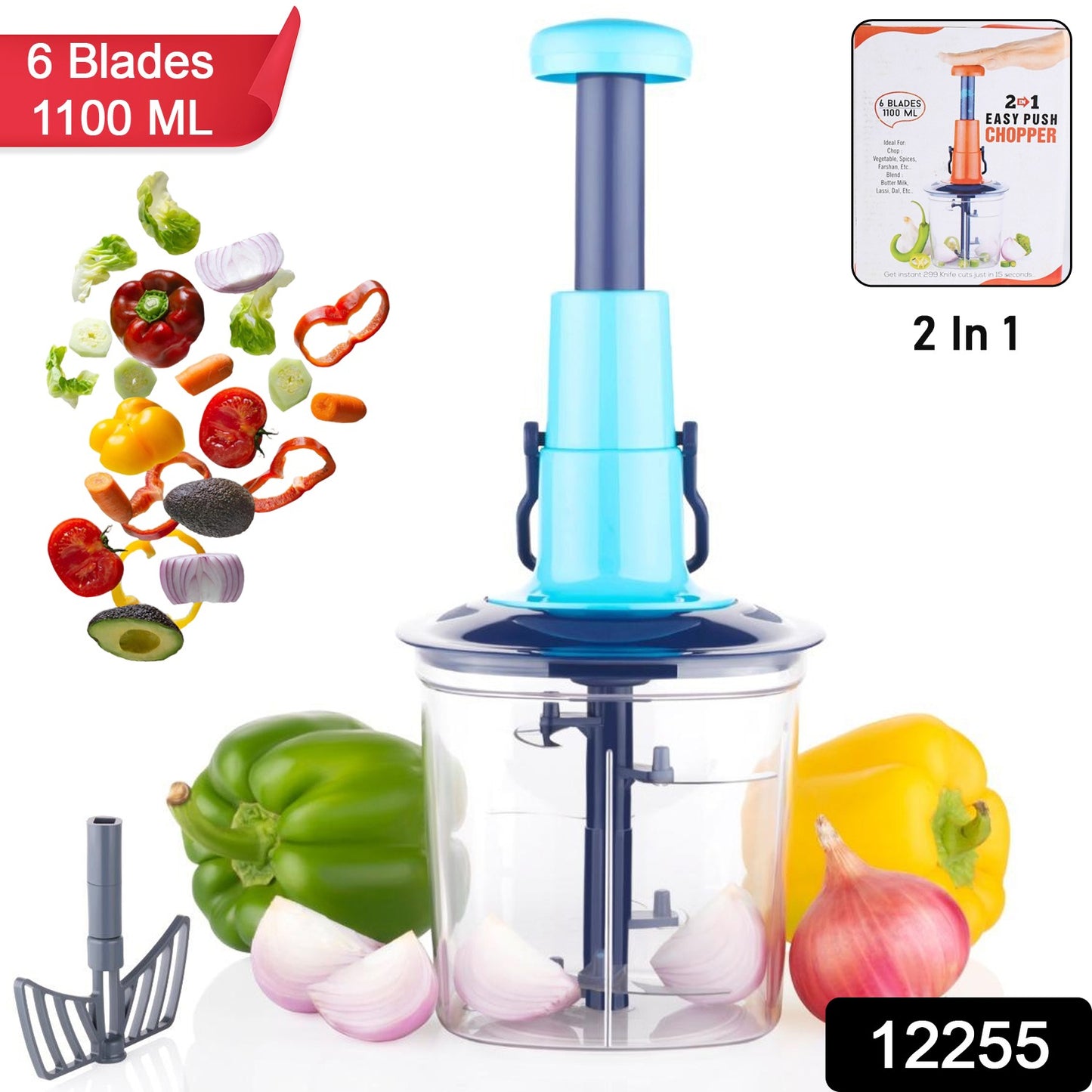 6 Blades Manual Hand-press Vegetable Chopper (1100 Ml) - Springkart 
