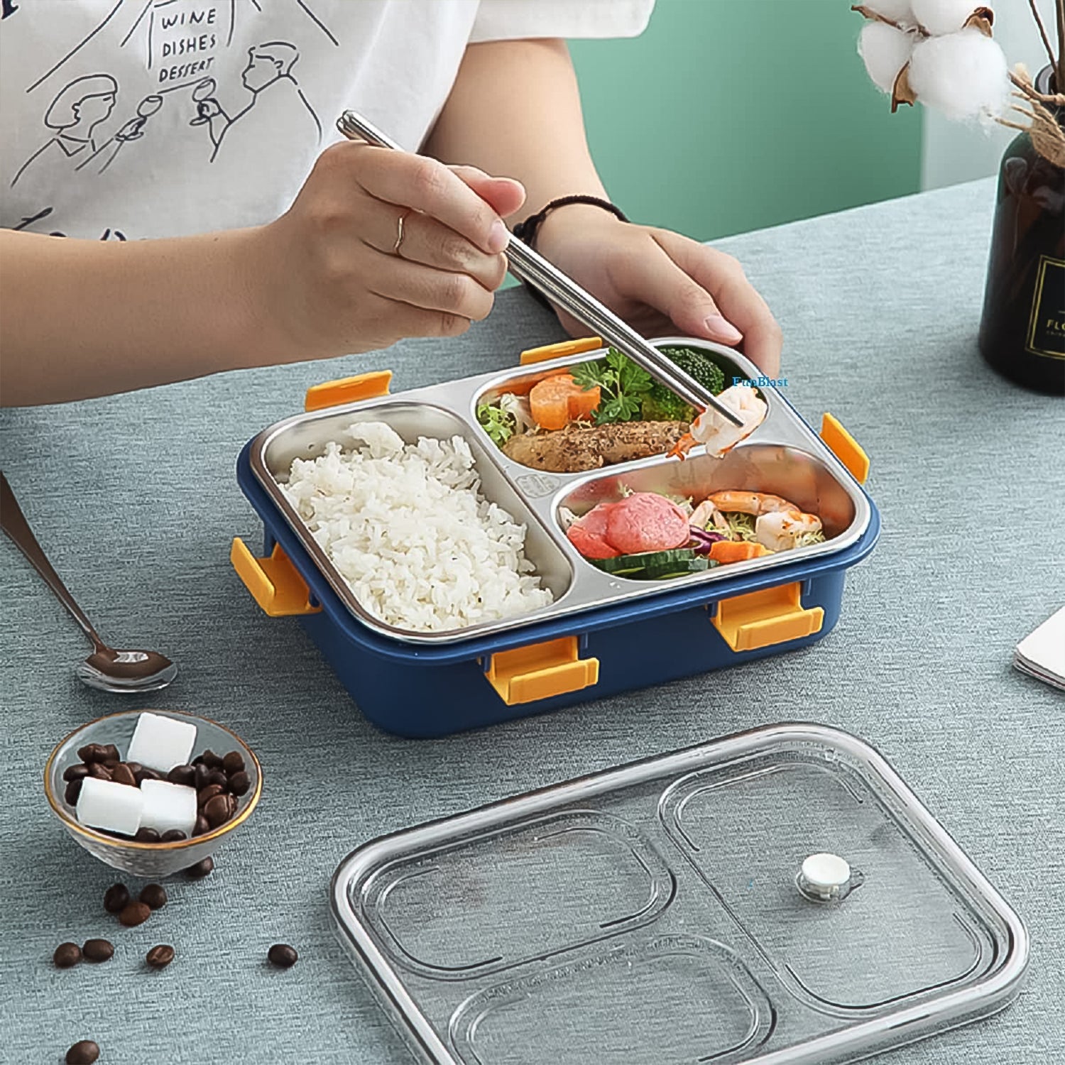 3 Compartment Transparent Stainless Steel Lunch Box With A Spoon And A Pair Of Chopsticks (1 Set) - Springkart 