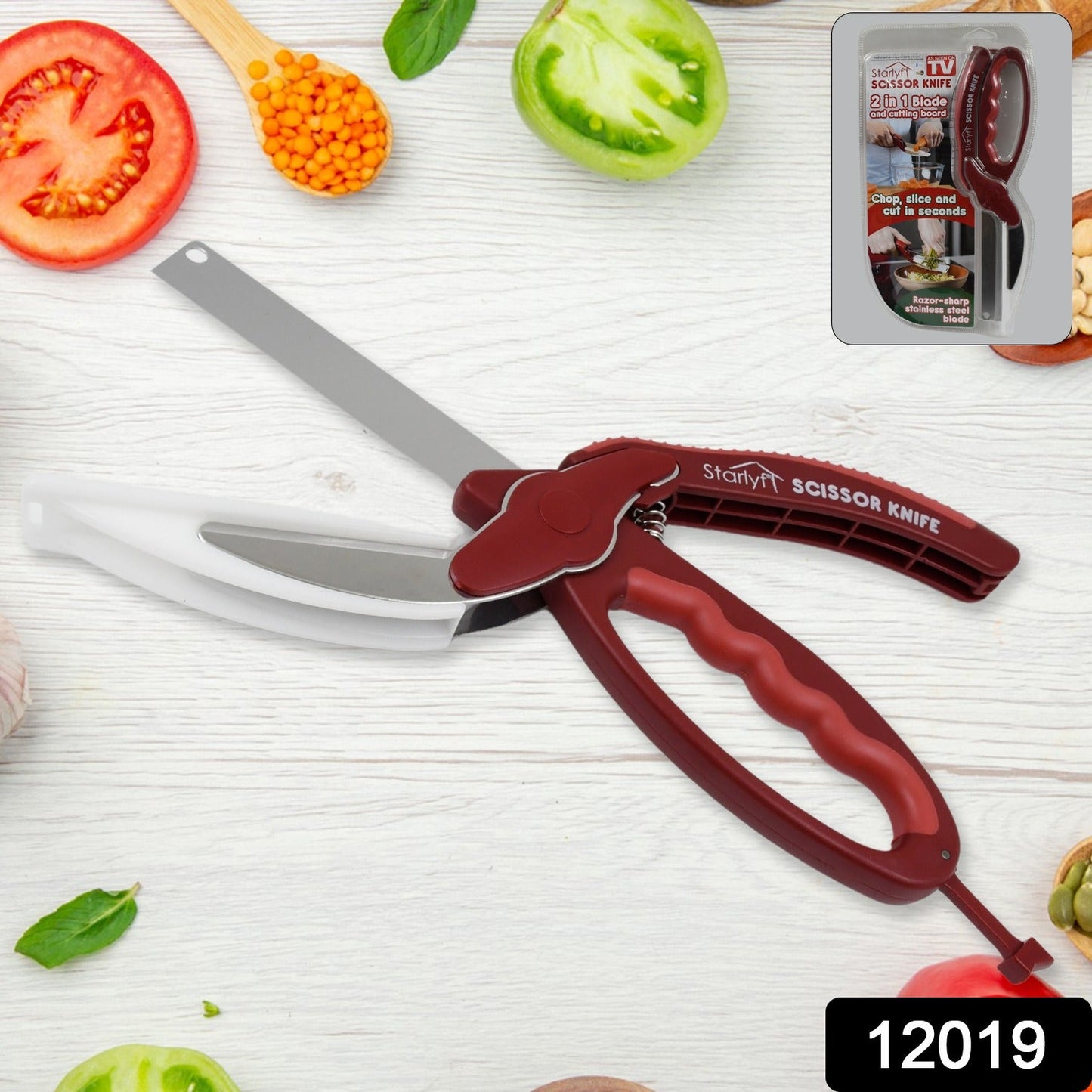 2 In 1 Kitchen Knife Scissor With Spring Locking Hinge And Chopping Board (1 Pc With Card Packing) - Springkart 