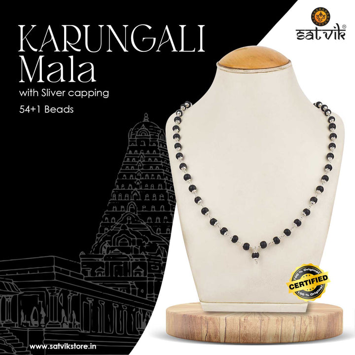 Govt. Lab Certified Original Ebony wood 925 Silver Caps Karungali Mala