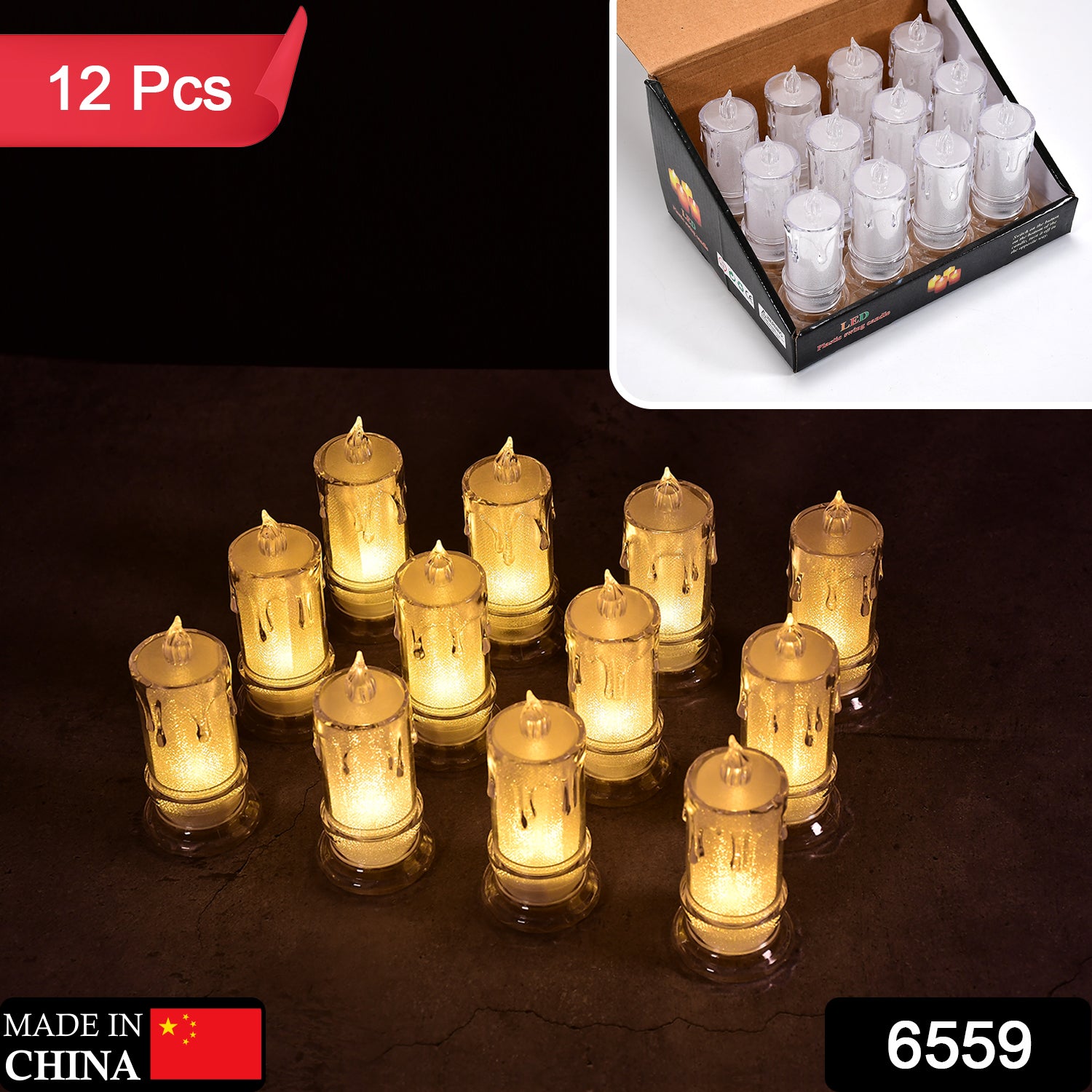 6559 Big Size Flameless Melted Design Candles For Decoration (Set Of 12pc) - Springkart 