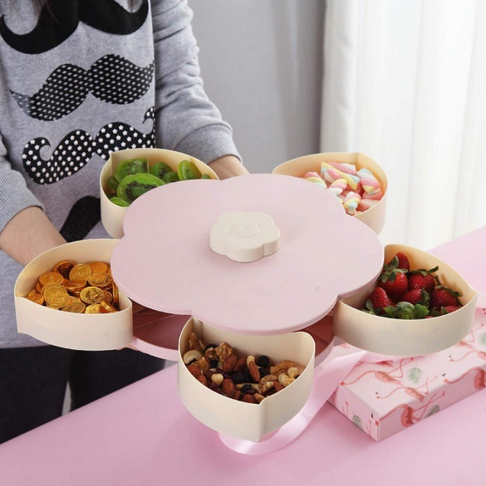 5 Compartments Flower Candy Box Serving Rotating Tray Dry Fruit, Candy, Chocolate, Snacks Storage Box, Dry-Fruit Serving Bowl Tray for Kitchen with Mobile Stand for Office Desk