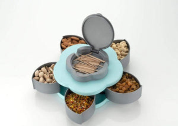 5 Compartments Flower Candy Box Serving Rotating Tray Dry Fruit, Candy, Chocolate, Snacks Storage Box, Dry-Fruit Serving Bowl Tray for Kitchen with Mobile Stand for Office Desk