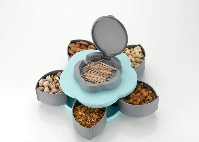 5 Compartments Flower Candy Box Serving Rotating Tray Dry Fruit, Candy, Chocolate, Snacks Storage Box, Dry-Fruit Serving Bowl Tray for Kitchen with Mobile Stand for Office Desk