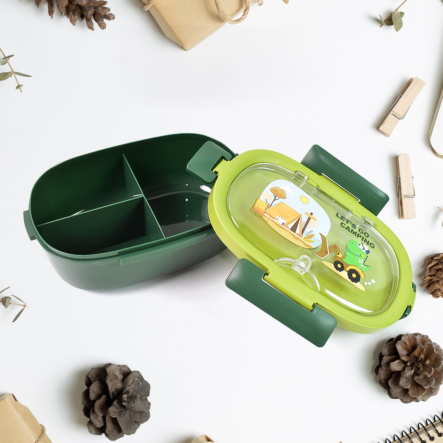 Plastic Lunch Box Leak Proof 3 Compartment With Bottle Spoon And Fork (1 Set) - Springkart 