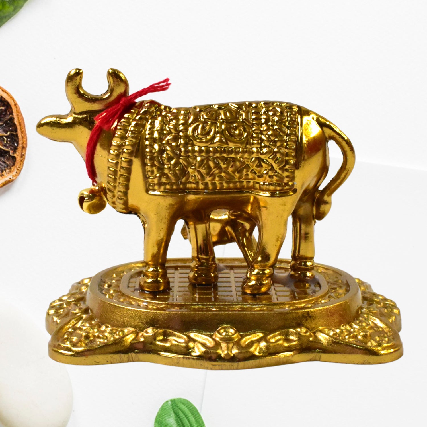 Metal Golden Kamdhenu Cow With Calf (1 Pc) - Springkart 