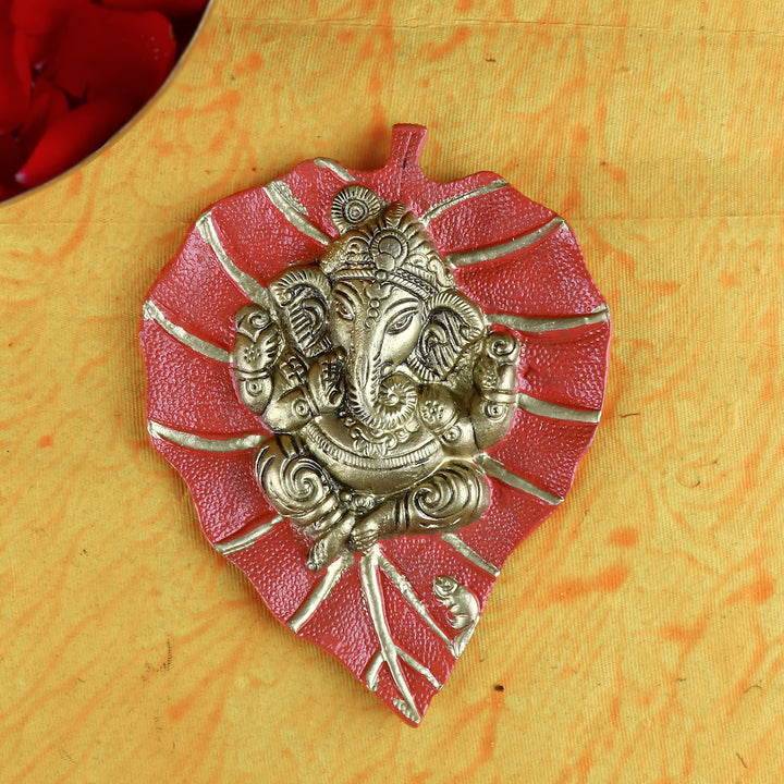 Lord Ganesh on Leaf Patta Wall Hanging Red