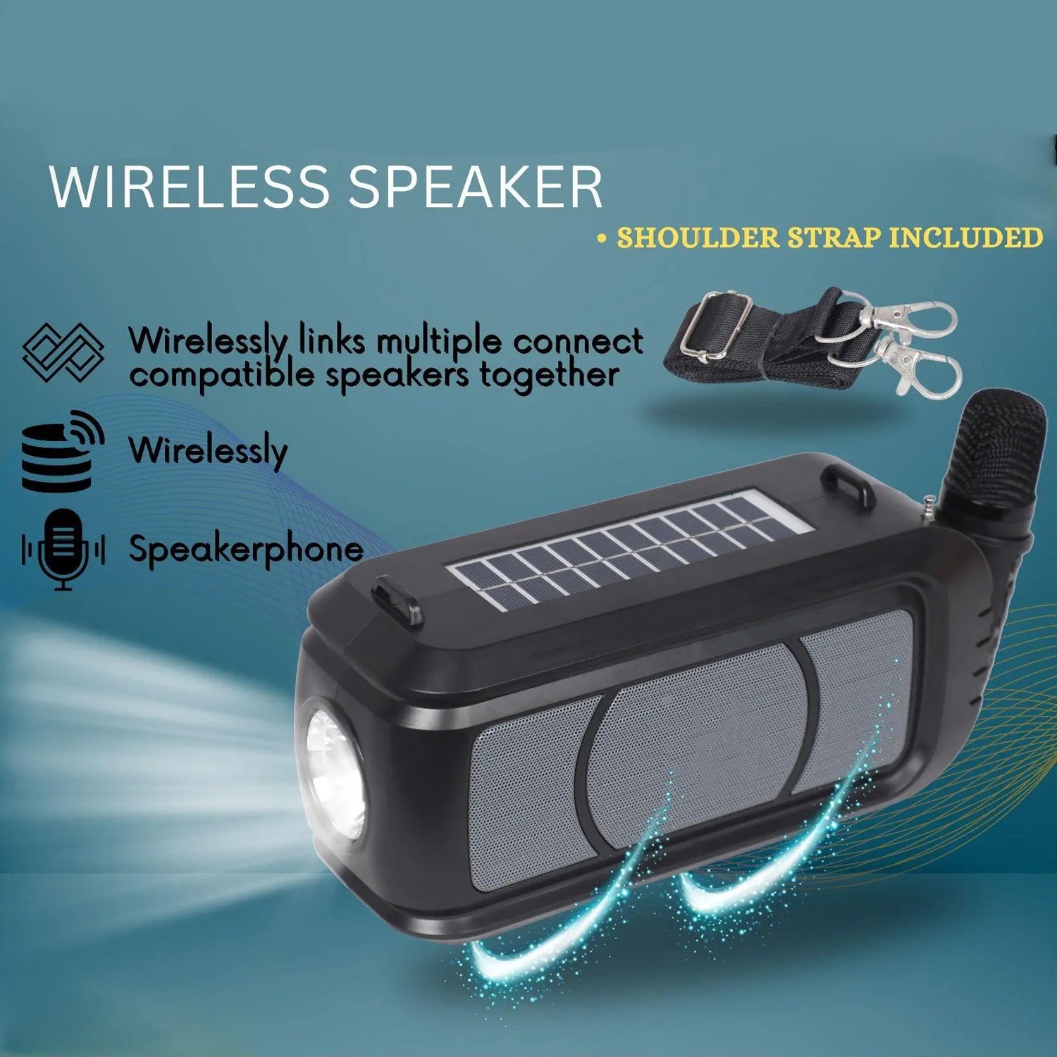 Wireless Bluetooth Speaker 5w High Bass With Wireless Mic Microphone Led Torch Solar Charging Support Usb Adjustable Strap (1 Set) - Springkart 