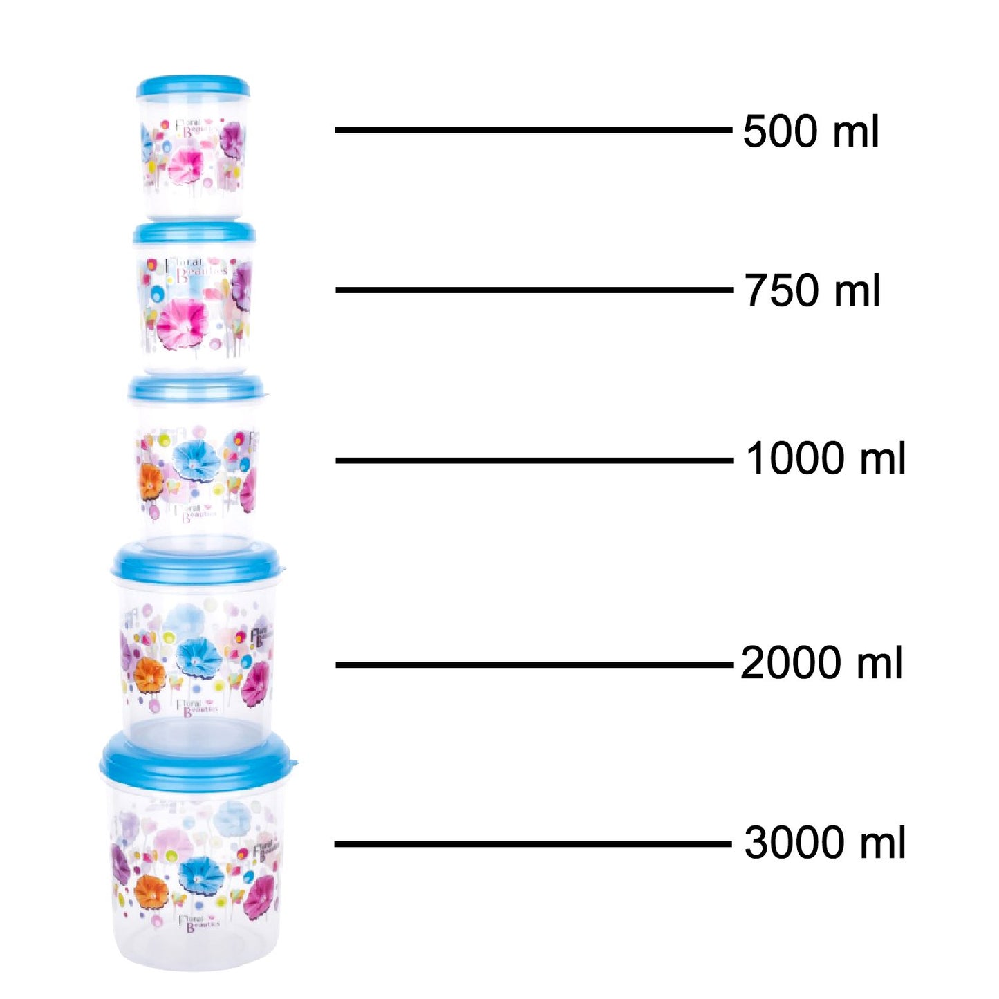2446 Plastic Transparent Container Air Tight Dabba Set (3000ml 2000ml 1000ml 750ml 500ml) - Springkart 